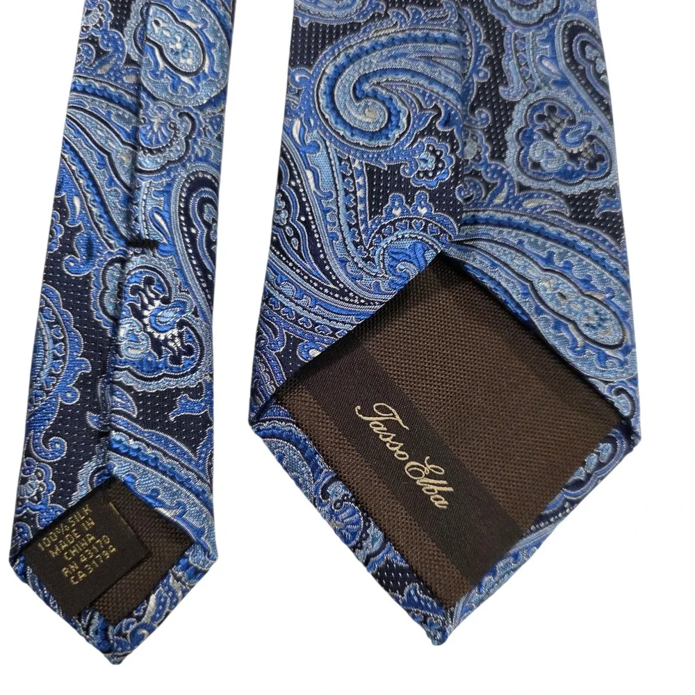 Tasso‎ Elba Mens Necktie Blue Black Paisley Pure Silk Embroidered Classic New